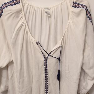 Forever 21 Cream Blouse with Navy Embroidery